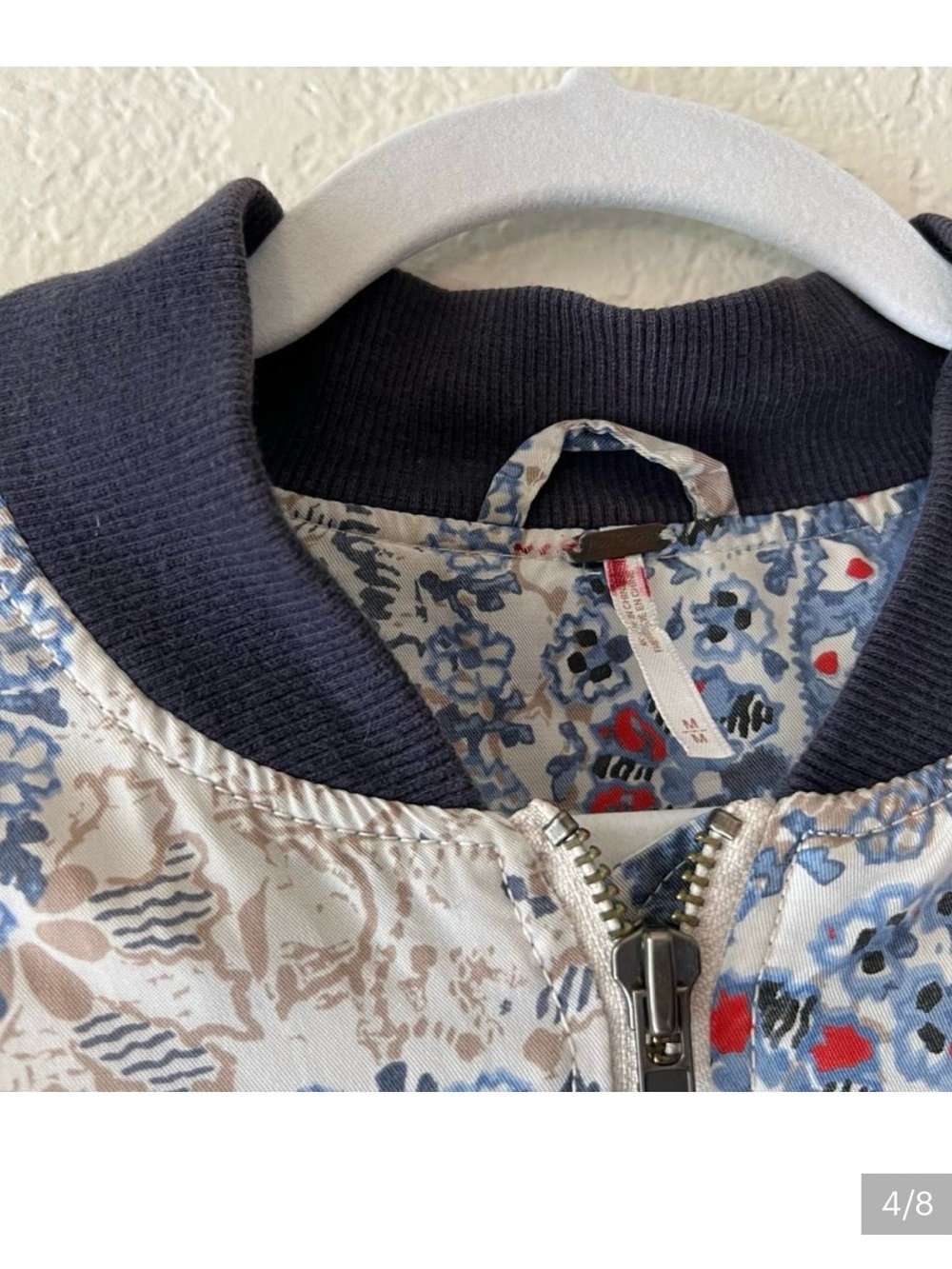 Free People Blue Paisley Bomber Jacket with Navy Trim - Picture 3 of 7